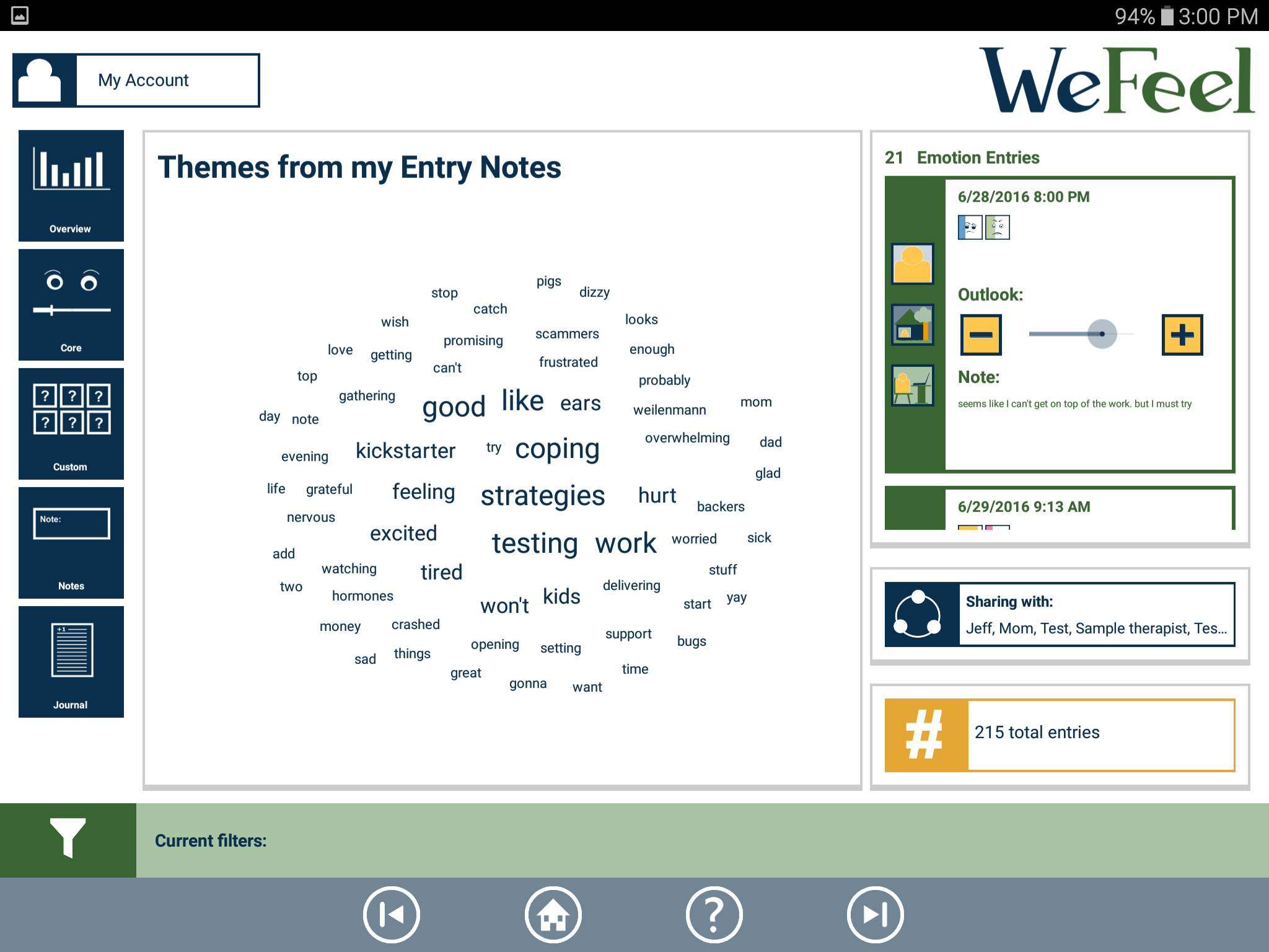The word cloud in the Themes from my Entry Notes